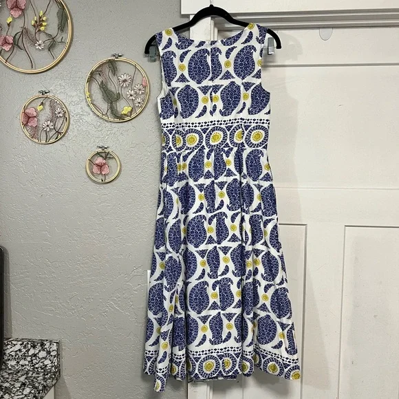 BODEN LIZZIE COTTON PREPPY PAISLEY BLUE & YELLOW SLEEVELESS MIDI DRESS SIZE 2 - Picture 5 of 15